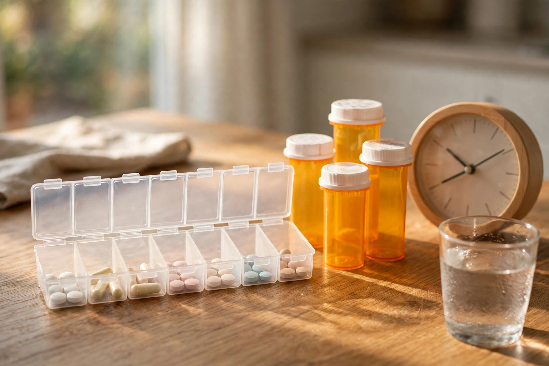 Weekly pill organizer, medicine bottles, and a clock illustrating medicine timing with psyllium fiber