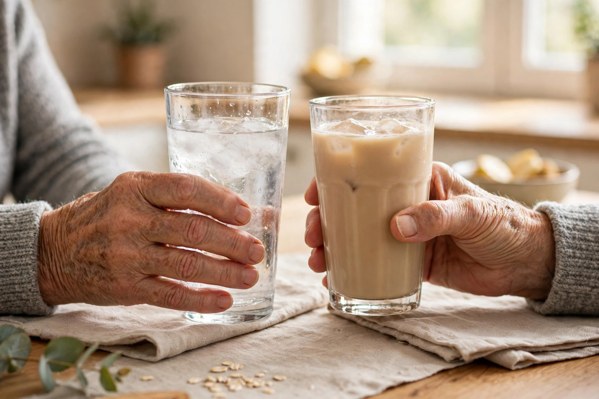 Older adult's hands holding a tall glass of water next to a glass of psyllium fiber drink