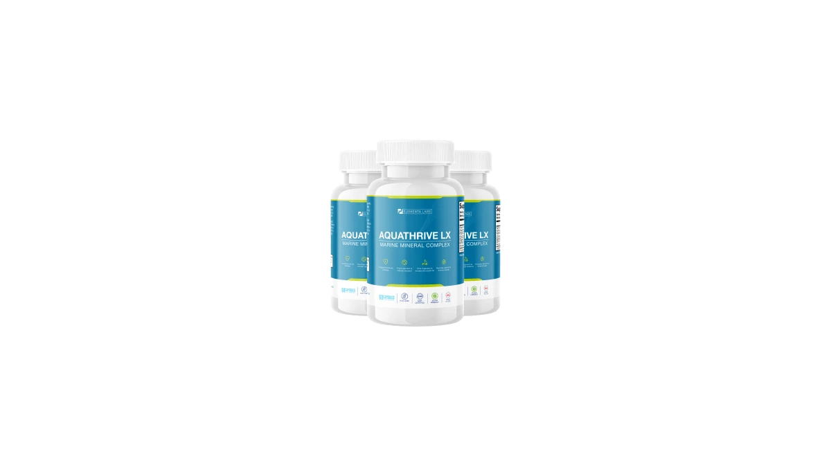 Three white AquaThrive LX bottles with teal Marine Mineral Complex labels, as shown in the seller bundle photo