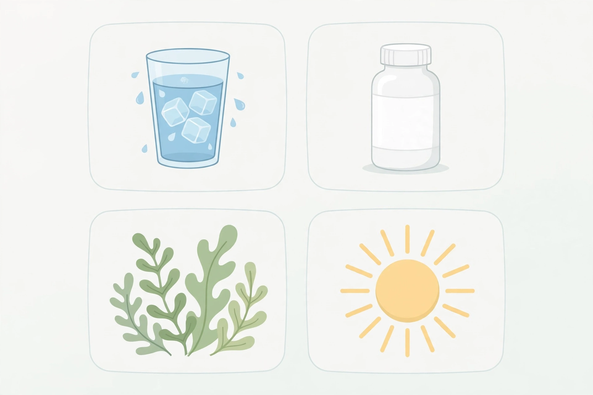 Simple illustration of hydration and mineral concepts: a glass of water, a plain supplement bottle, seaweed shapes, and a sun
