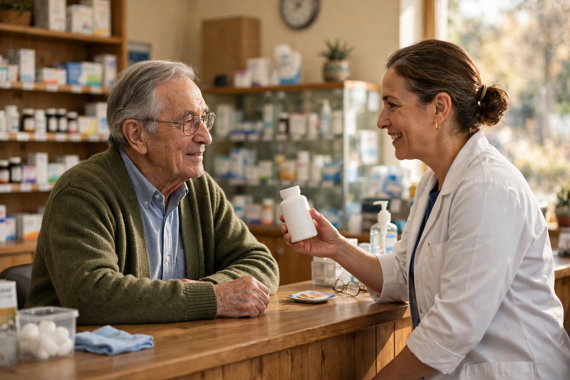 An older adult talking with a pharmacist at a pharmacy counter about a supplement bottle