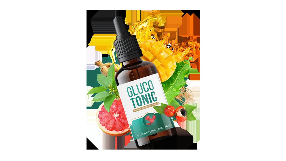 GlucoTonic amber glass dropper bottle labeled Blood Sugar Support Formula, 60 ml, with mango, grapefruit, leaves and roots
