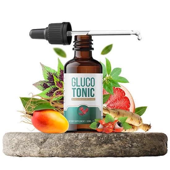 GlucoTonic amber glass dropper bottle with mango, grapefruit, leaves and roots