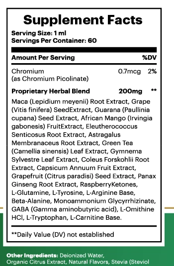 GlucoTonic Supplement Facts panel showing serving size 1 ml, 60 servings, chromium 0.7 mcg, and a 200 mg proprietary herbal blend