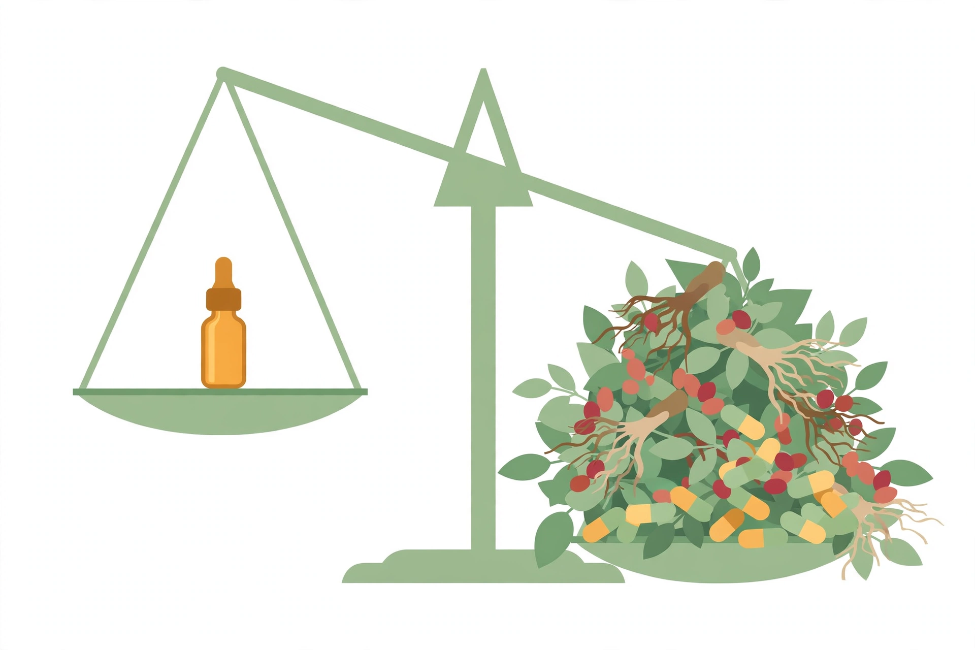 Illustration of a tiny dropper bottle on a balance scale weighed against a large heap of botanical ingredients
