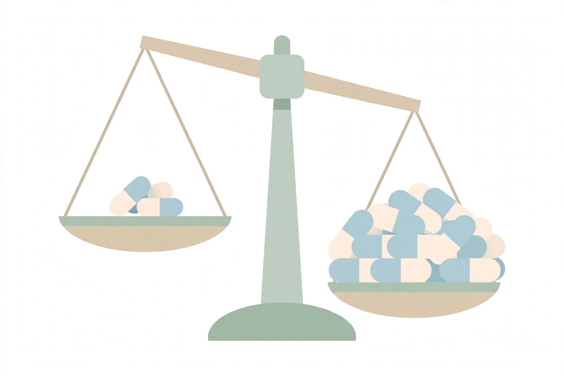 Balance scale comparing a small pile of capsules with a much larger pile, illustrating the gap between a hidden blend dose and a studied dose