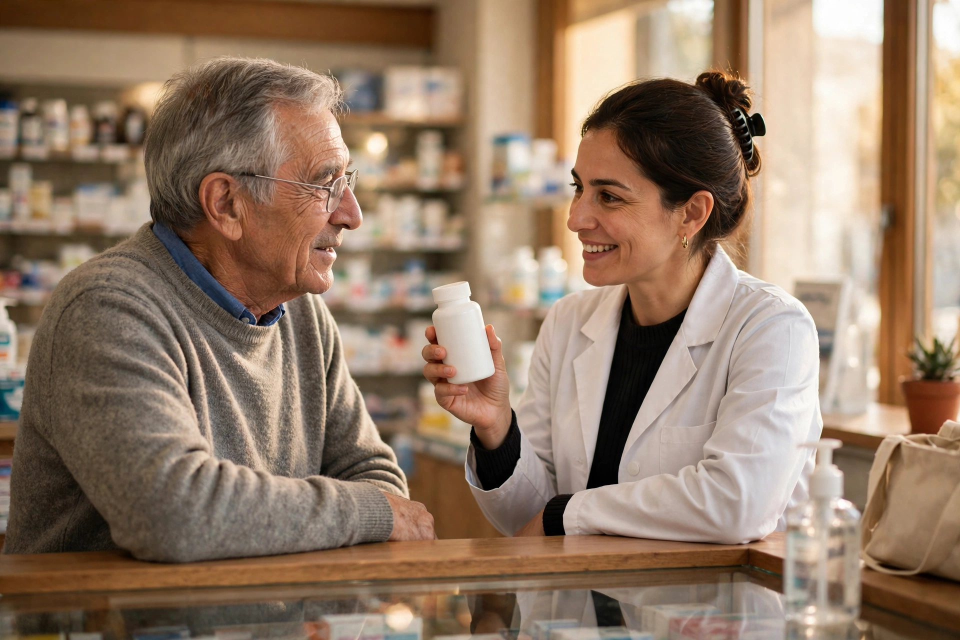 An older adult talking with a pharmacist at a pharmacy counter about a supplement bottle