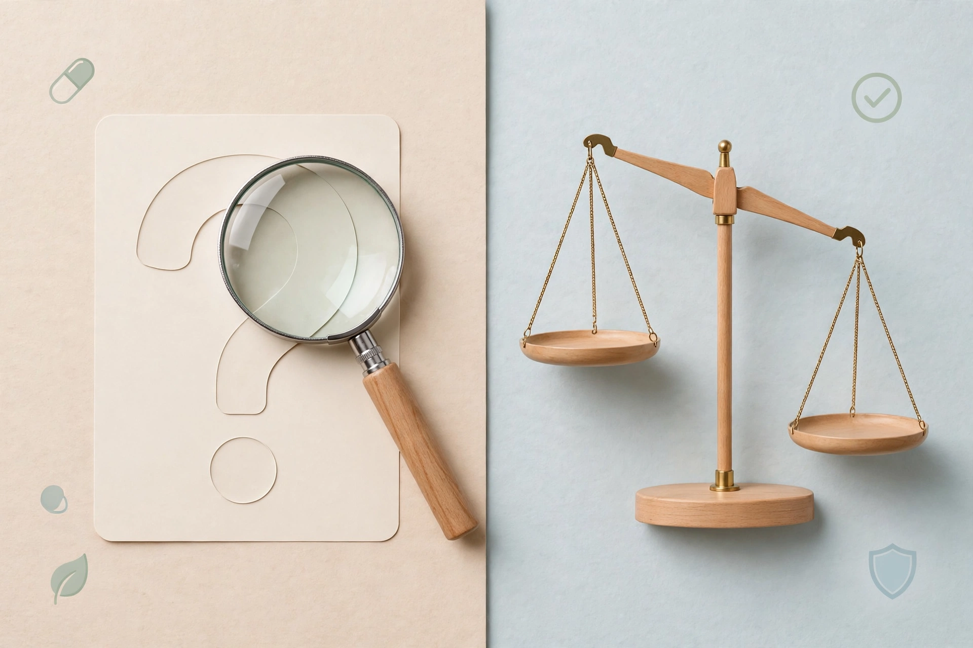 A magnifying glass over a blank supplement label beside an unbalanced scale, showing that ArtiZynt discloses nothing to weigh its claims against