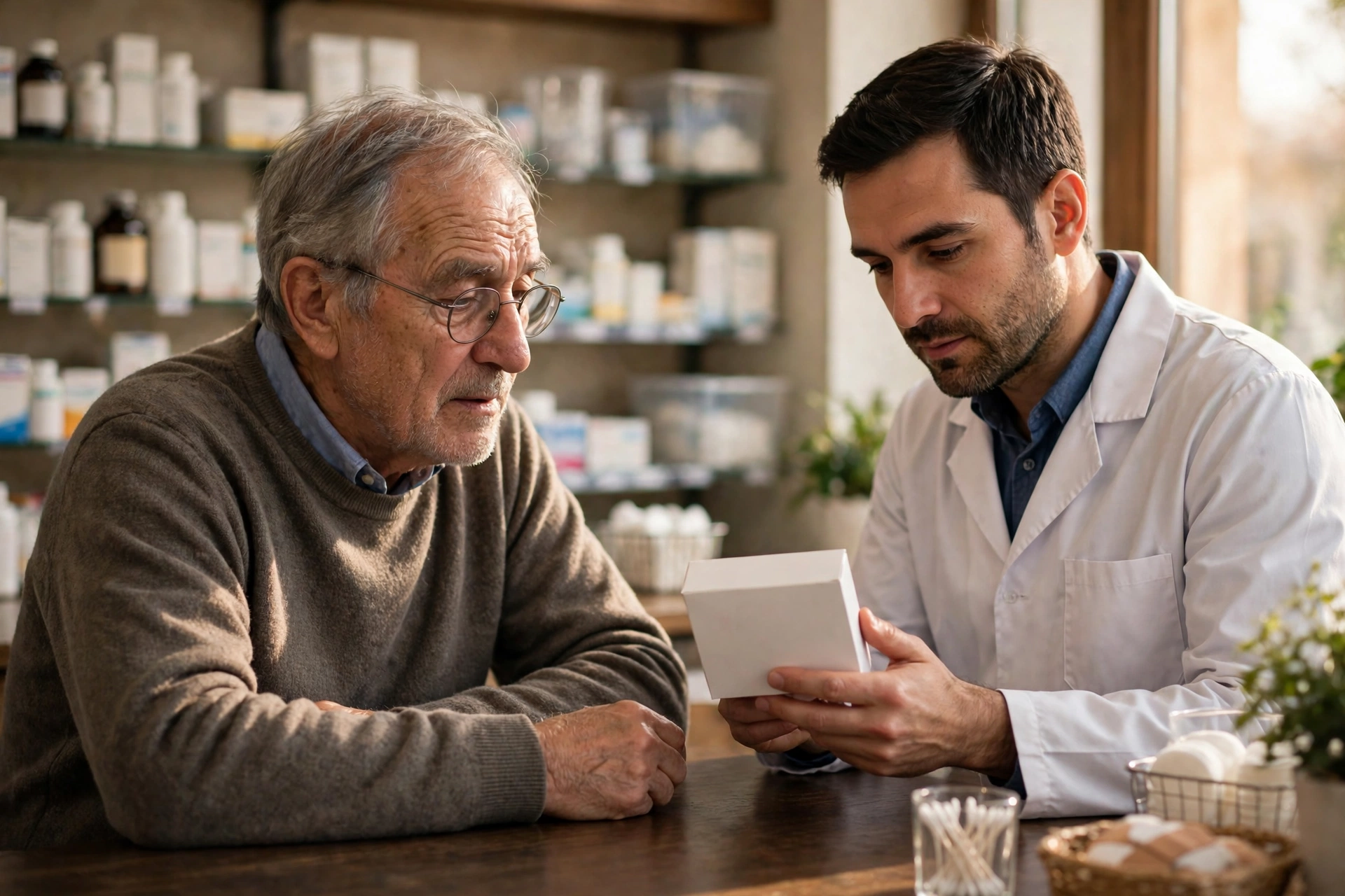 An older man discussing a plain supplement box with a pharmacist at a pharmacy counter
