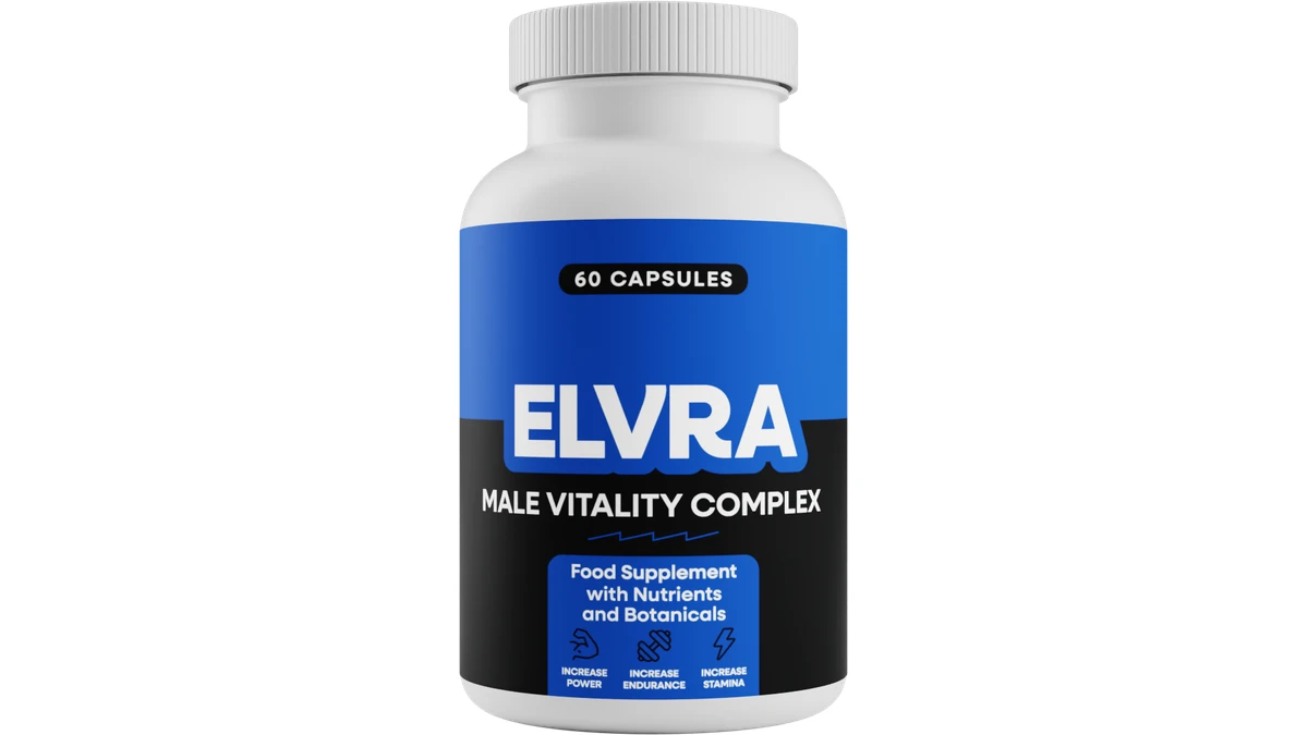 Elvra Male Vitality Complex bottle, 60 capsules, on a white background