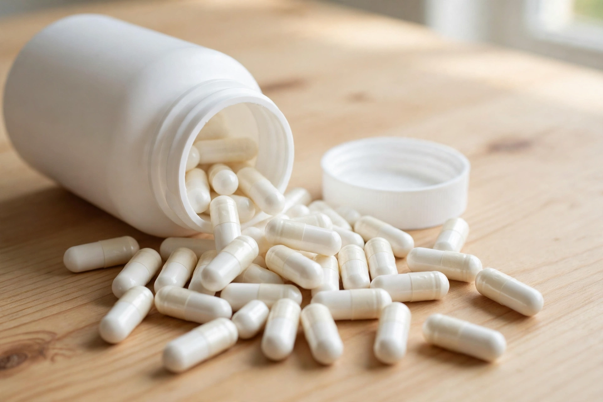 Plain white capsules spilling from an open white supplement bottle onto a wooden table
