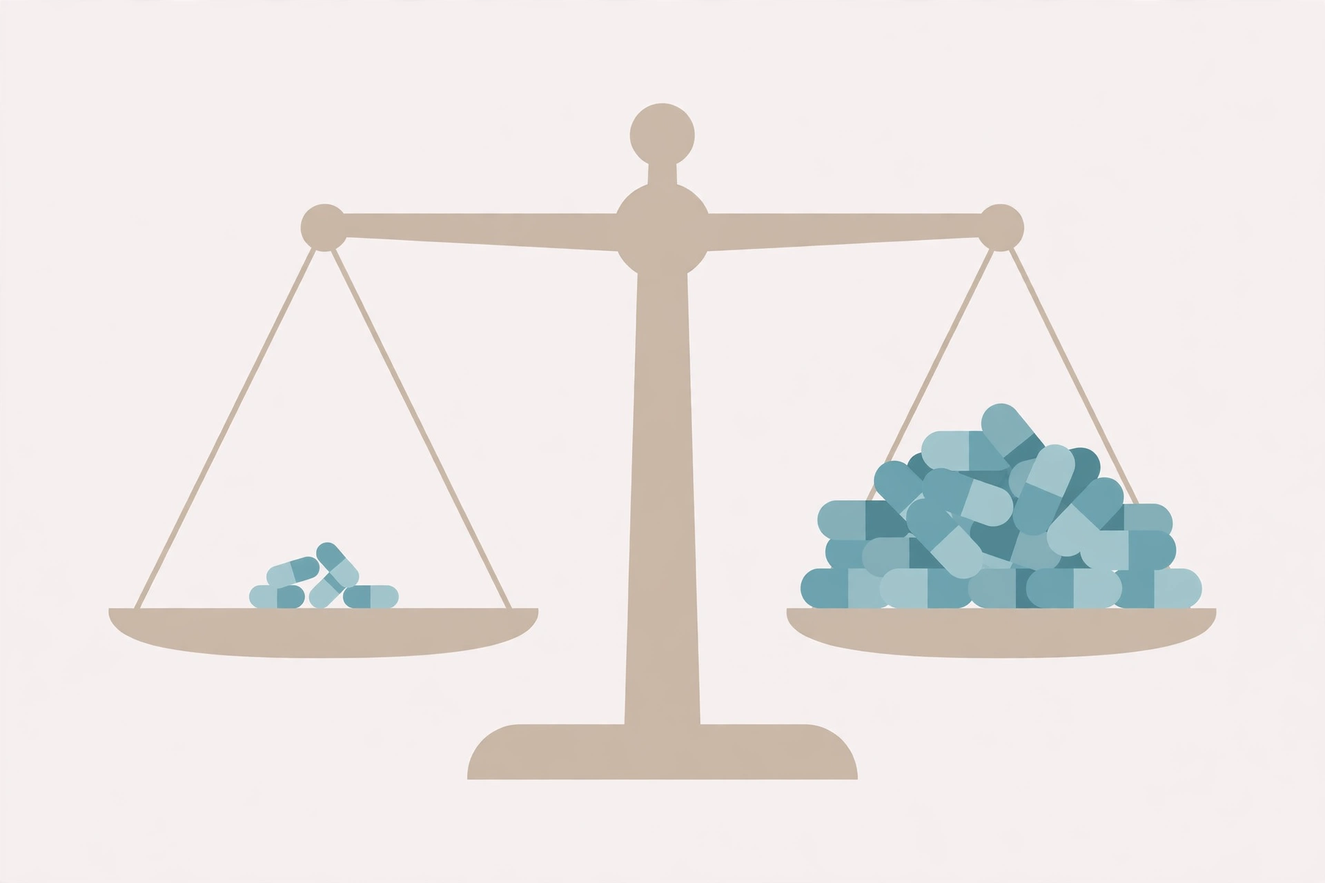 Illustration of a balance scale with a small pile of capsules on one side and a much larger pile on the other side