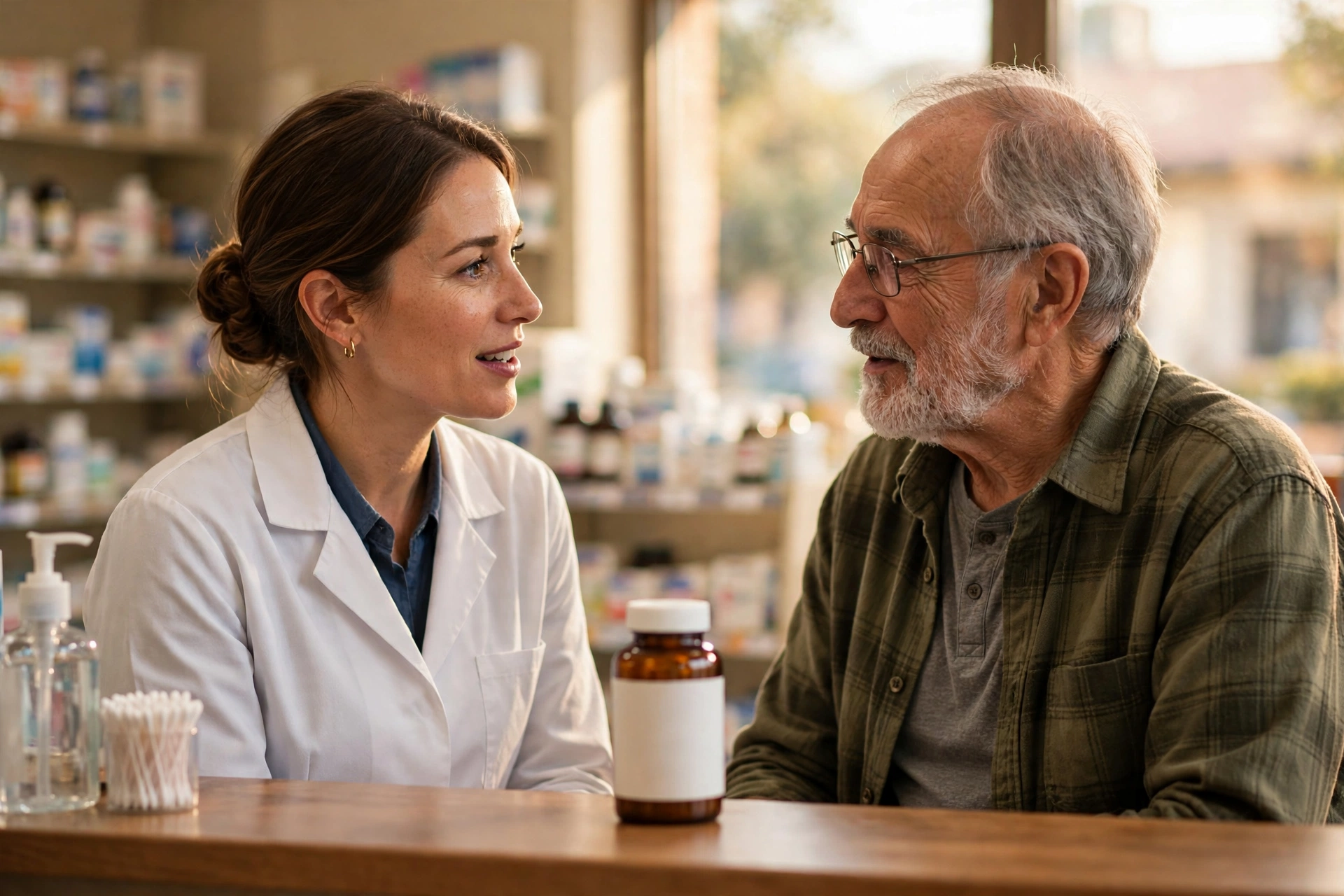 A pharmacist in a white coat talking with an older man at a pharmacy counter