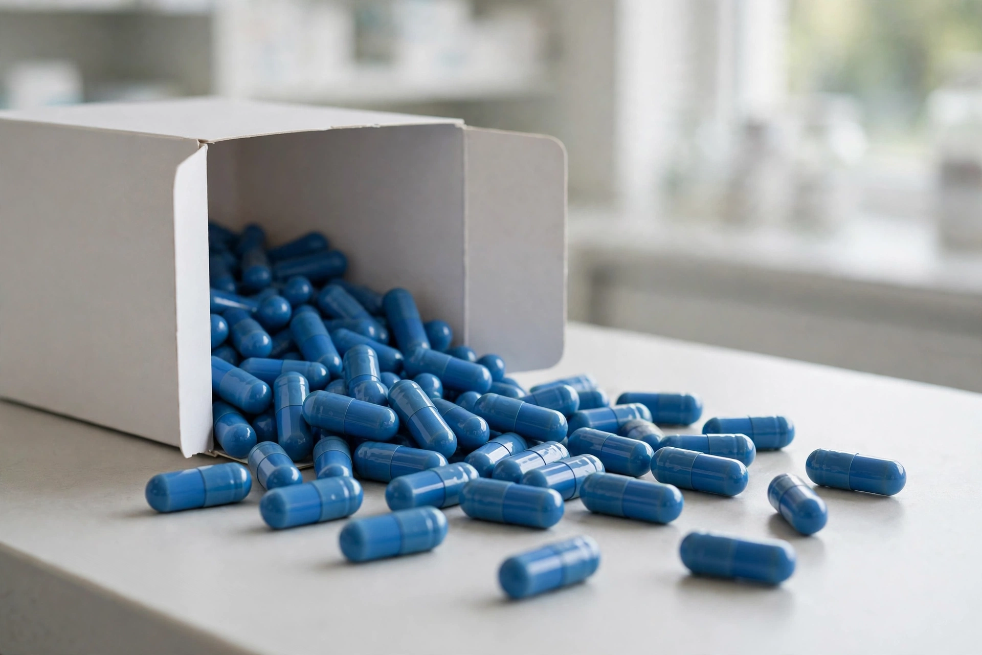 Blue capsules in an open box on a pharmacy counter