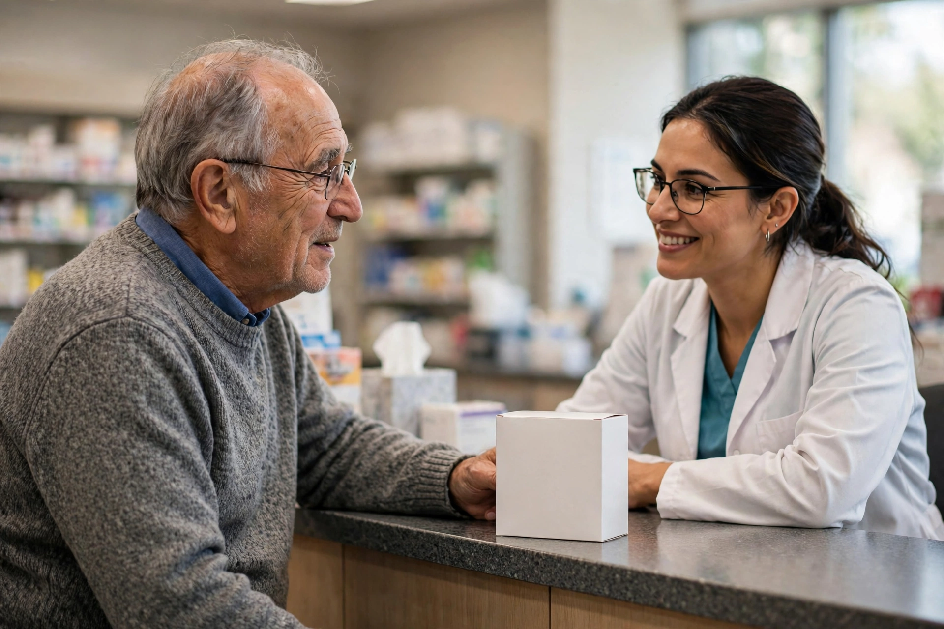 An older man talking with a pharmacist across a pharmacy counter