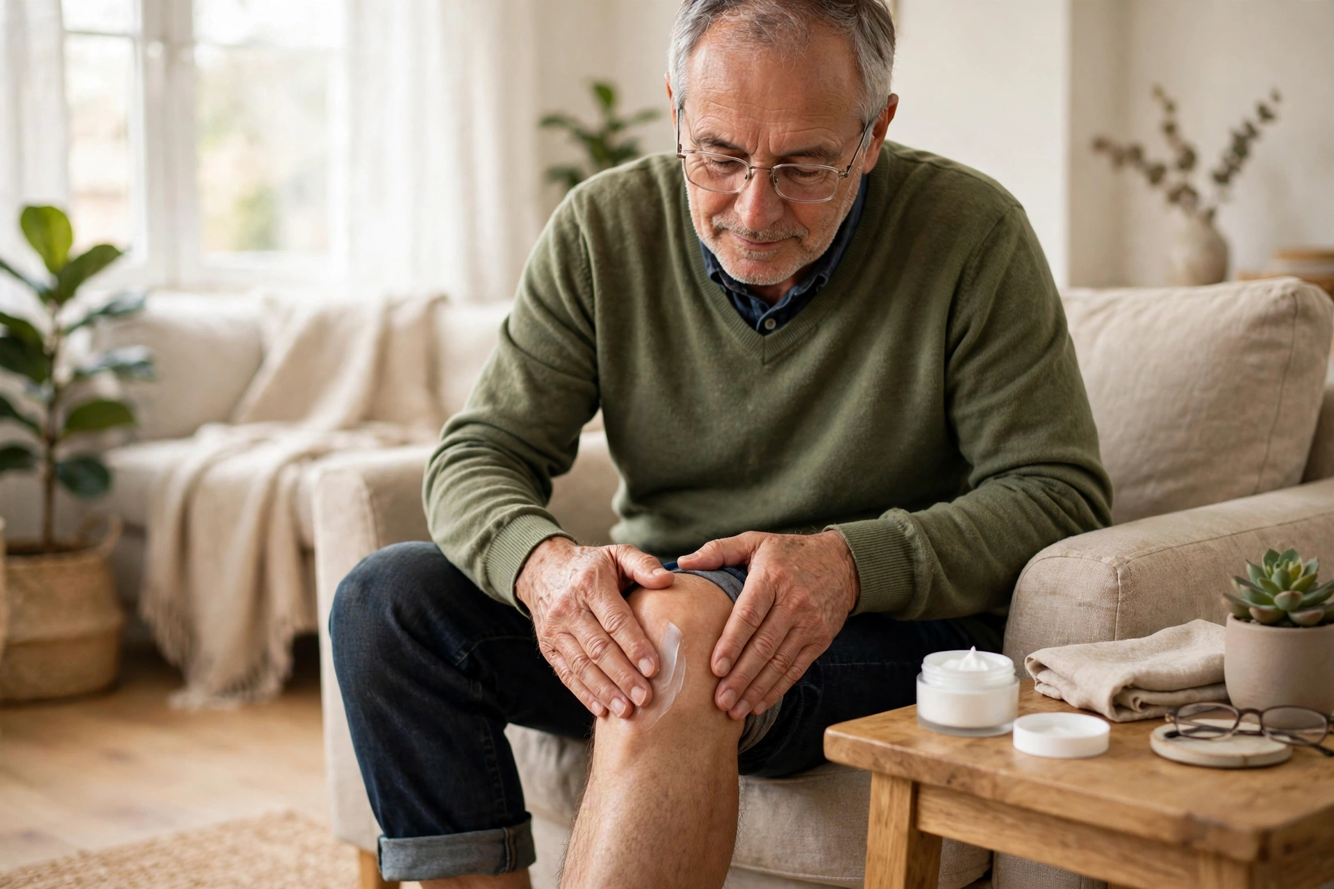 Older adult rubbing white cream onto a sore knee at home
