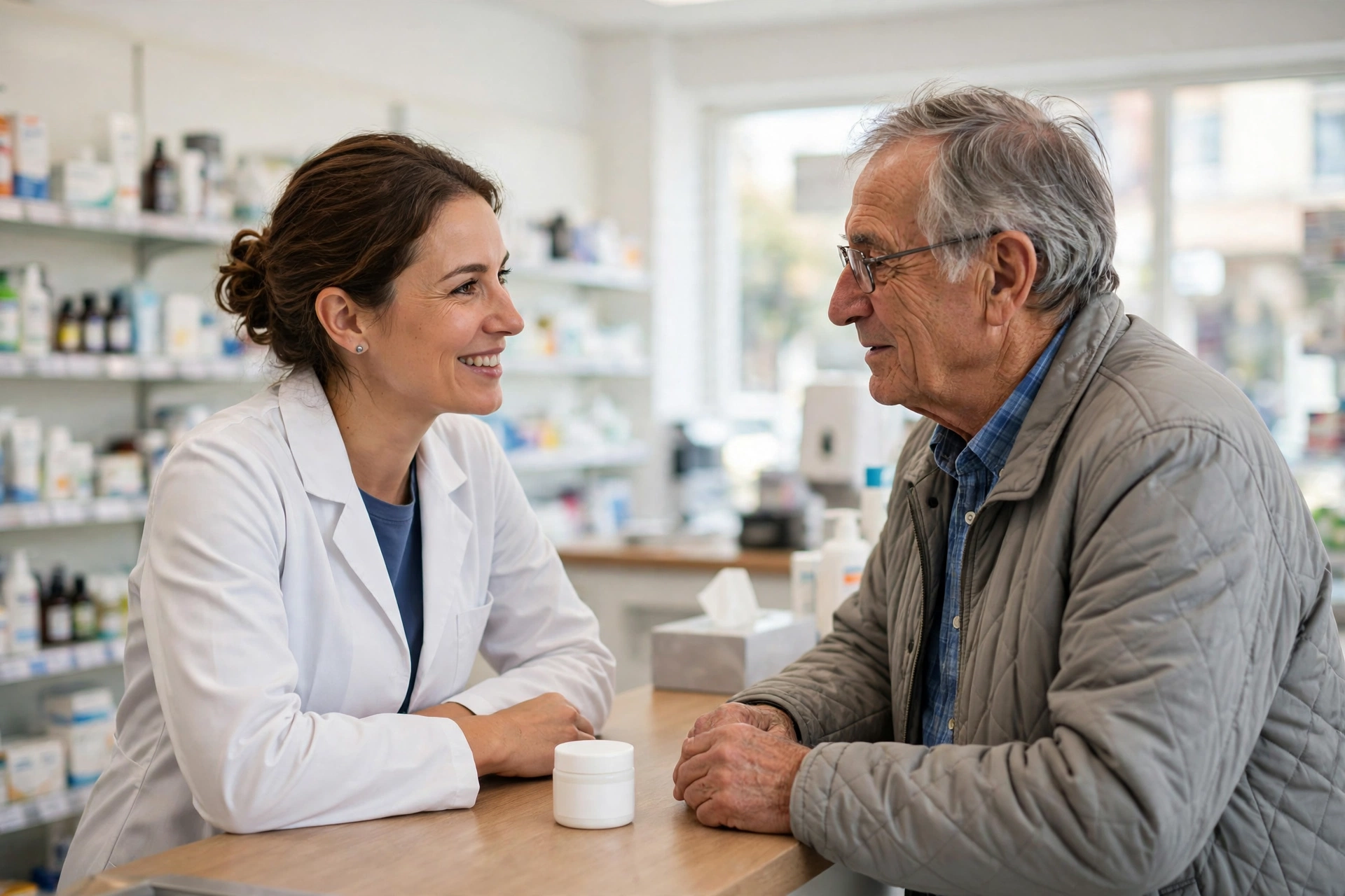Pharmacist talking with an older customer about a cream at a pharmacy counter
