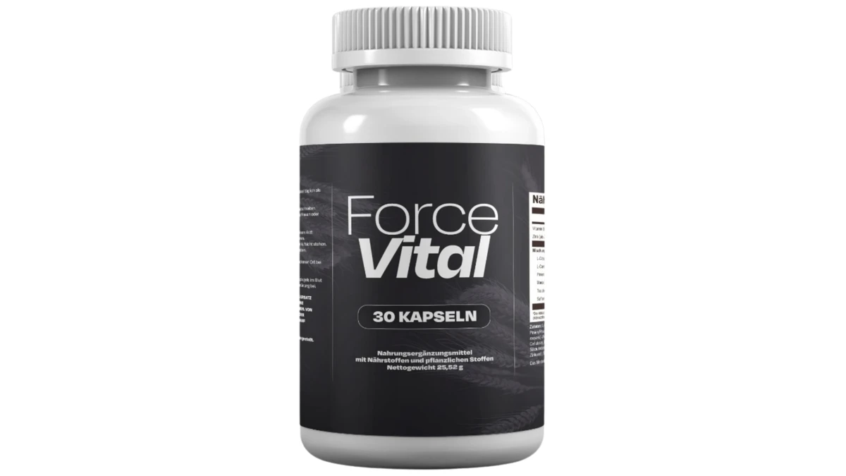ForceVital supplement bottle, white bottle with black label reading Force Vital 30 Kapseln