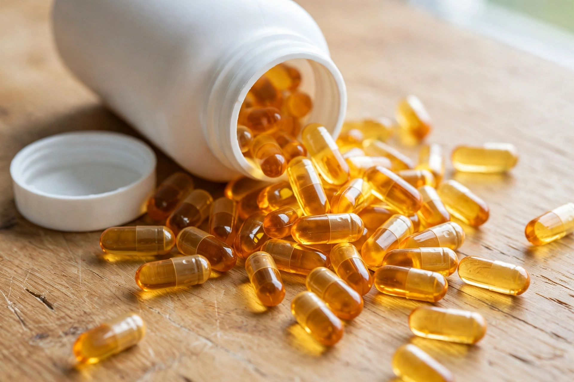 Plain amber supplement capsules spilling from a plain white bottle