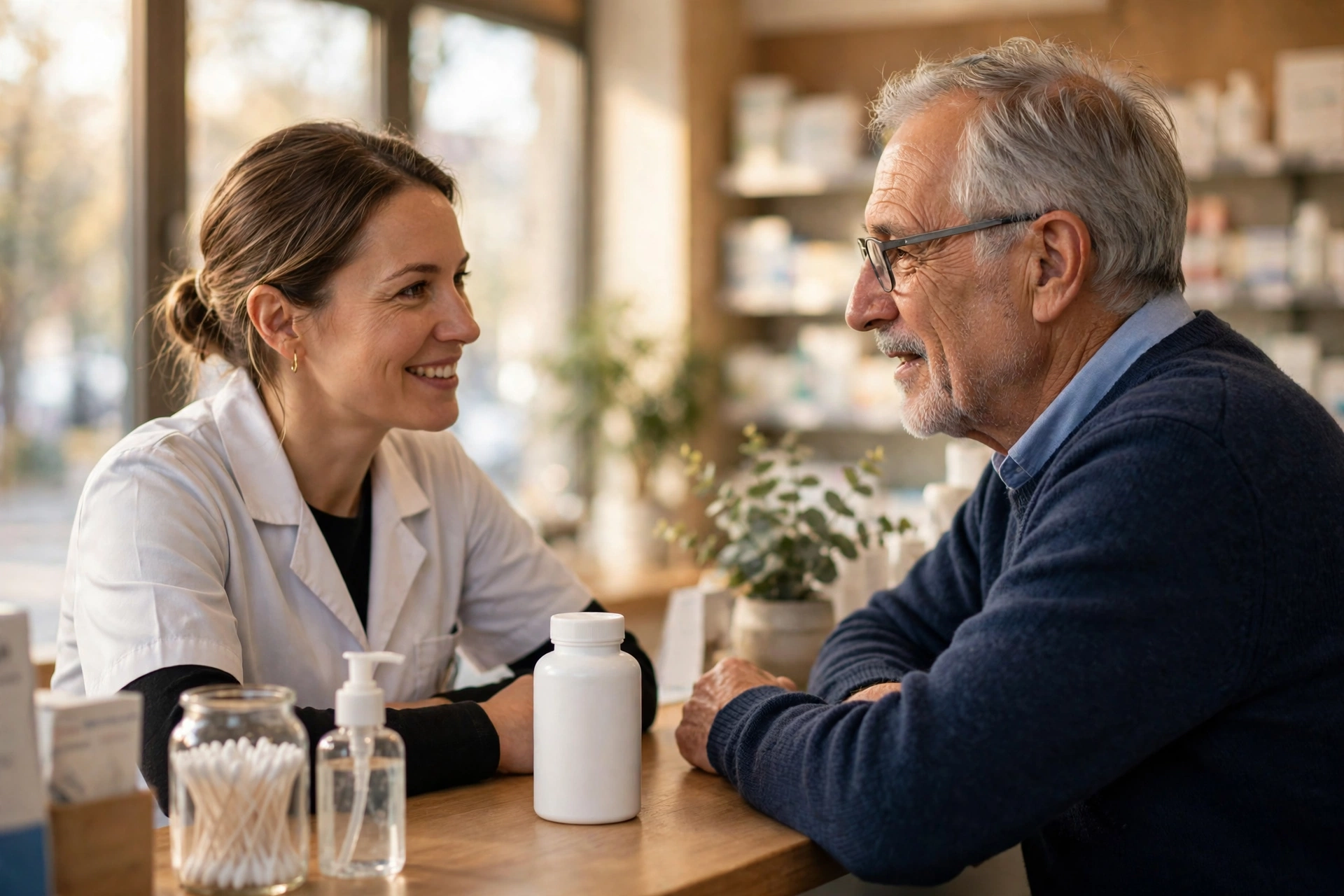Older man talking with a pharmacist at a pharmacy counter about a supplement bottle