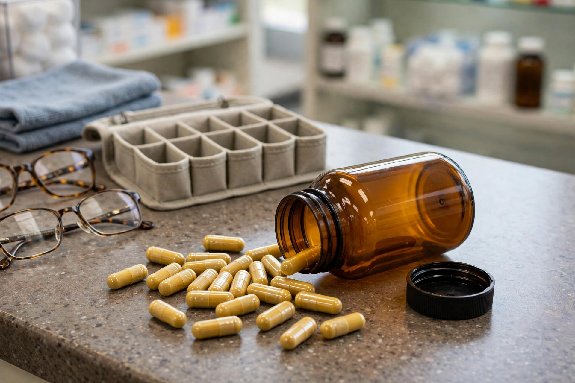 A plain supplement bottle with capsules beside it on a pharmacy counter