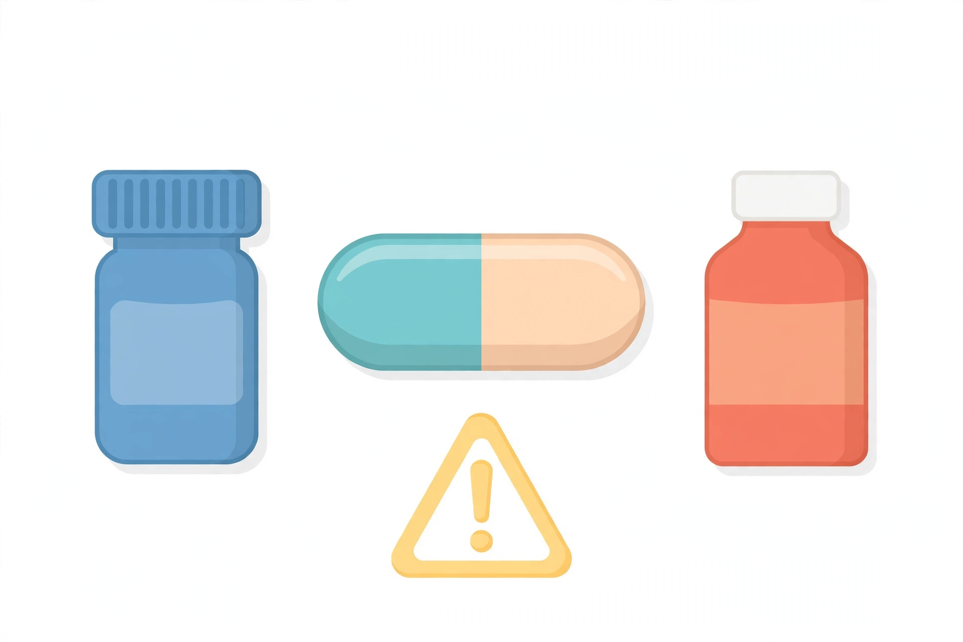 A supplement capsule beside a prescription medicine bottle and a pain reliever bottle, with a warning symbol