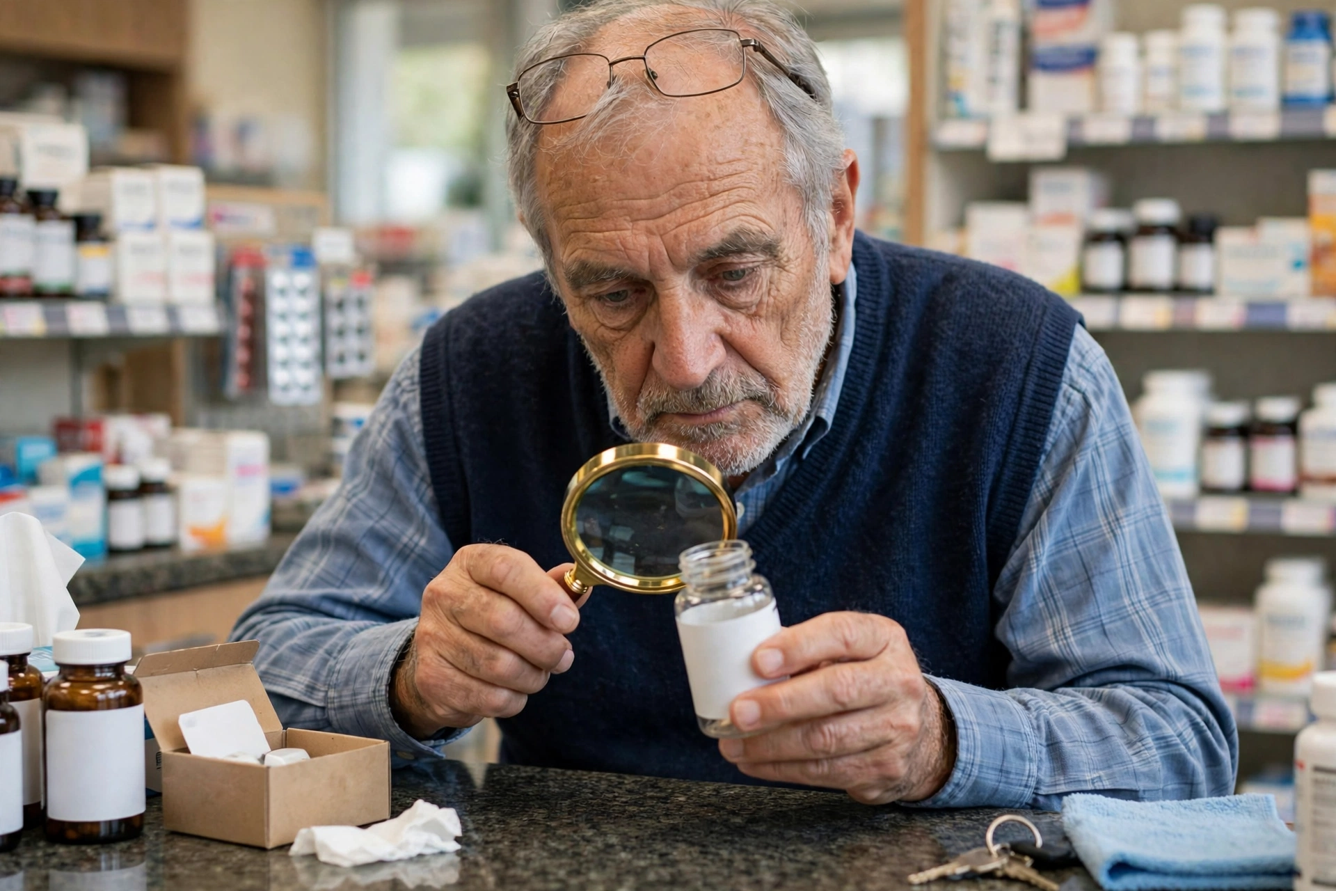 An older man reading a supplement bottle label with a magnifying glass at a pharmacy counter