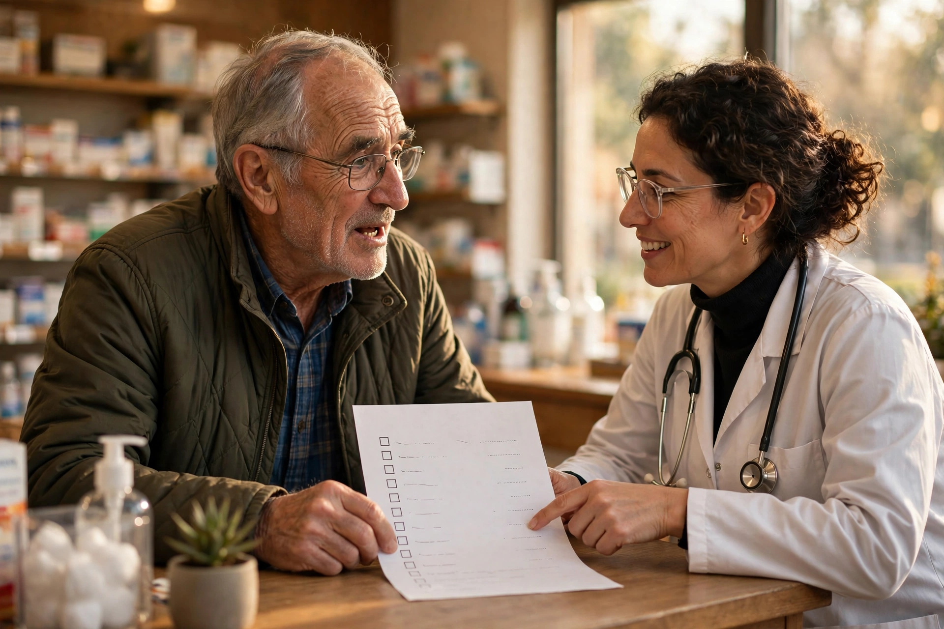 An older man talking with a pharmacist across a pharmacy counter while reviewing a medicine list