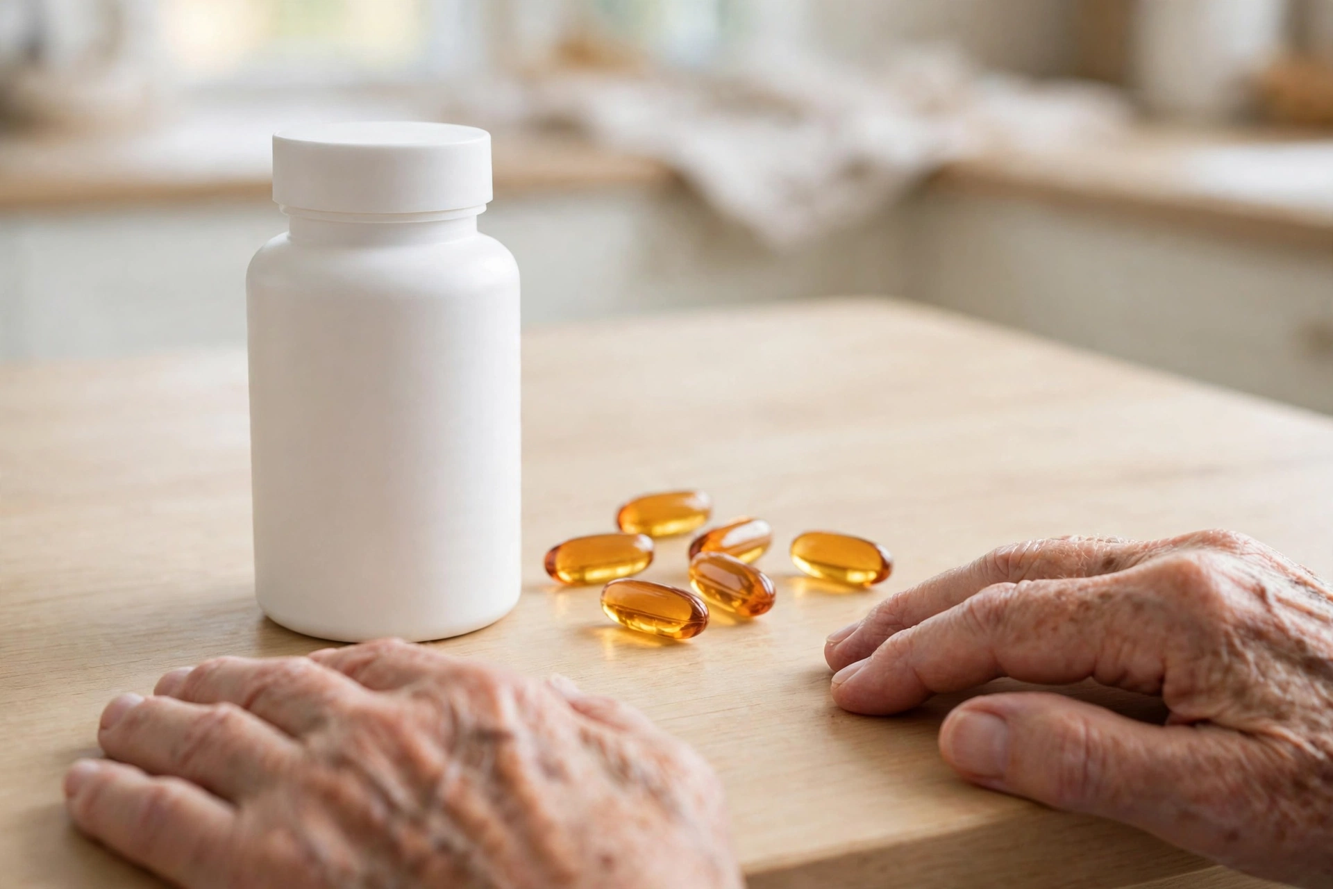 Plain white supplement bottle with capsules beside it on a table
