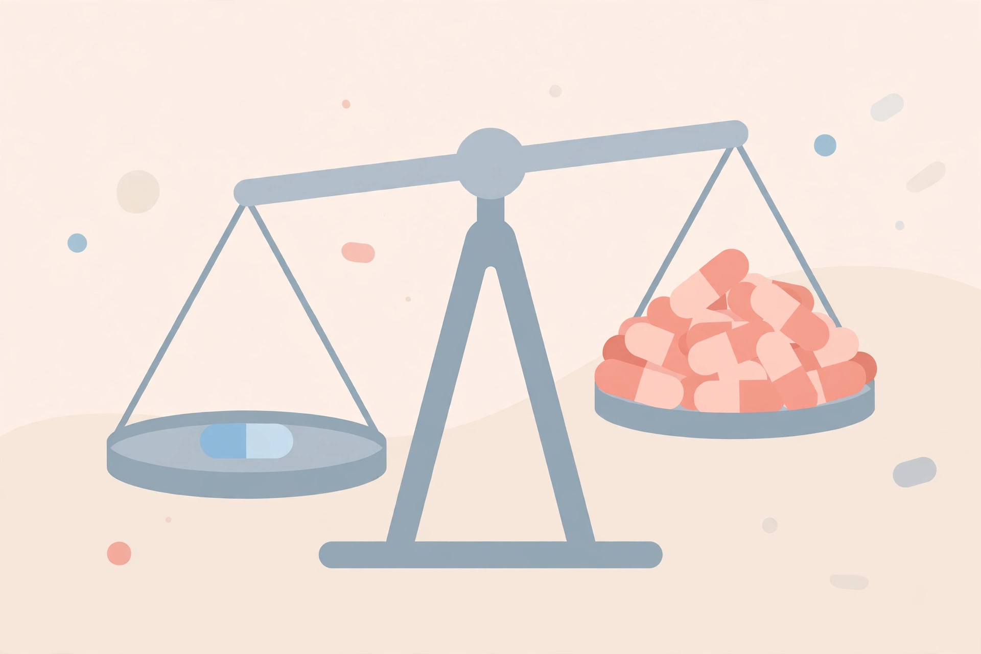 Balance scale illustration showing a small capsule dose against a much larger studied dose