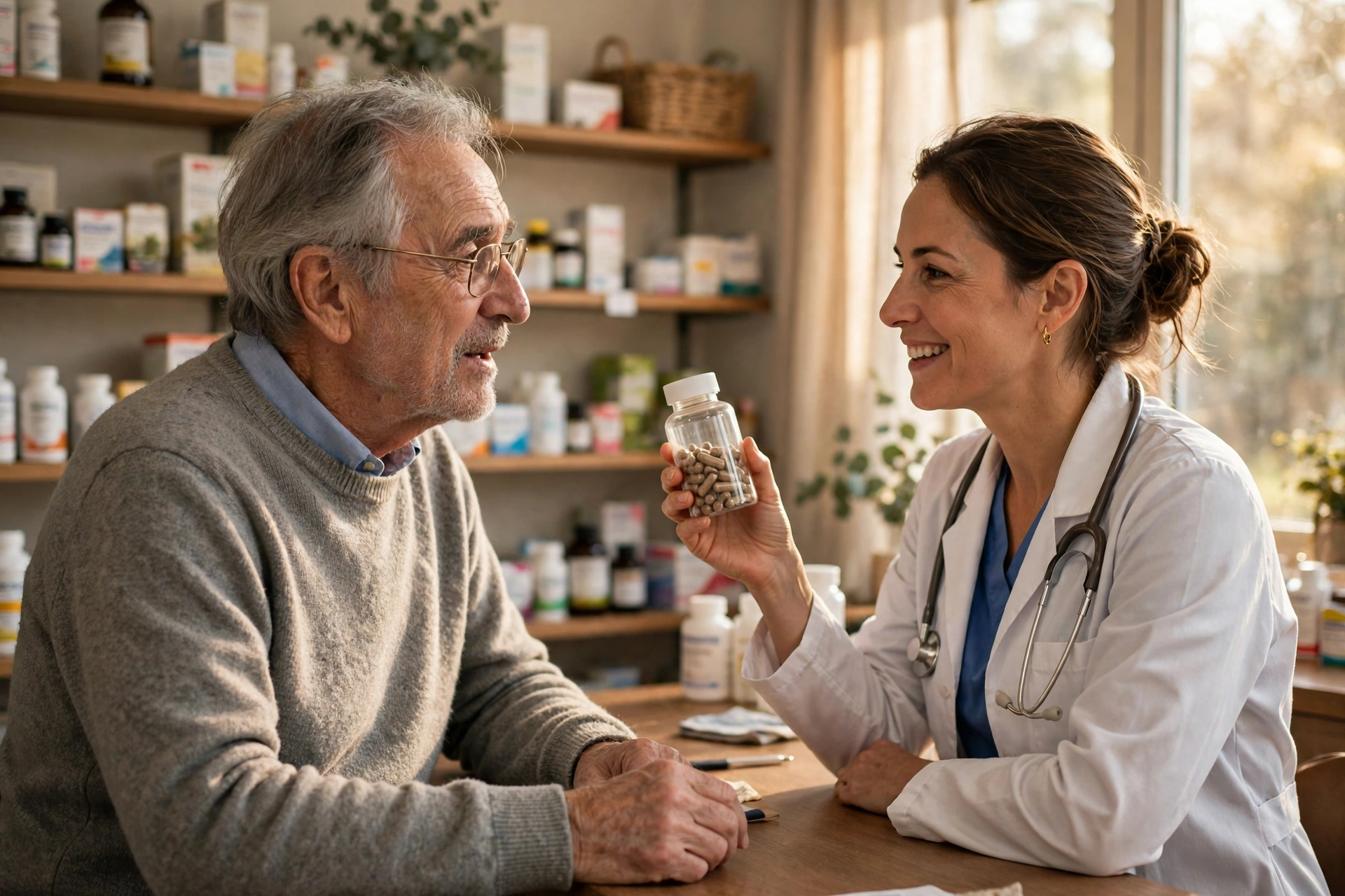 Older adult talking with a pharmacist at a pharmacy counter about a supplement bottle