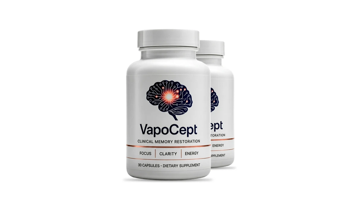 Real VapoCept bottle photo showing the white bottle with brain graphic and Clinical Memory Restoration label