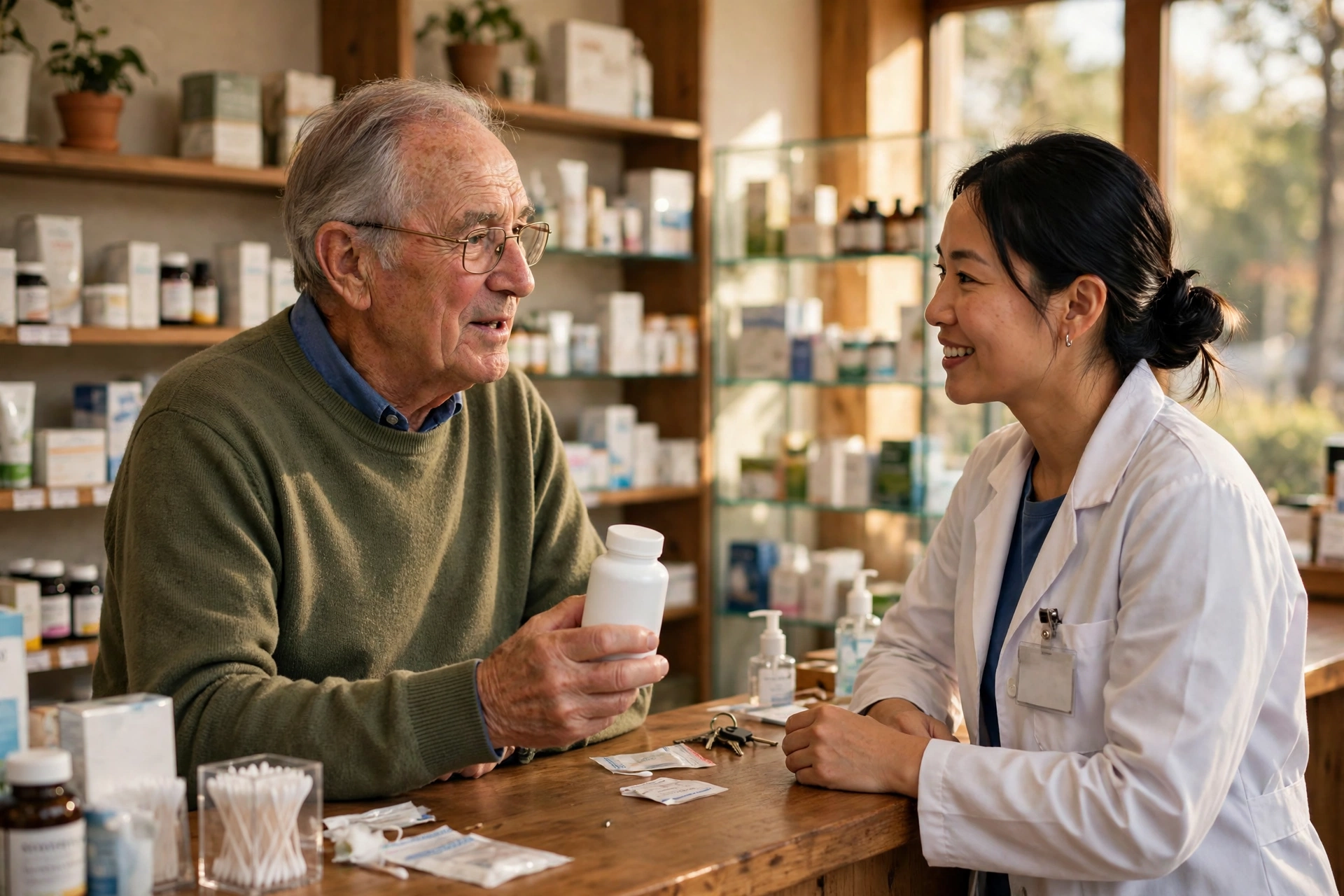 Older adult talking with a pharmacist at a pharmacy counter about a supplement bottle