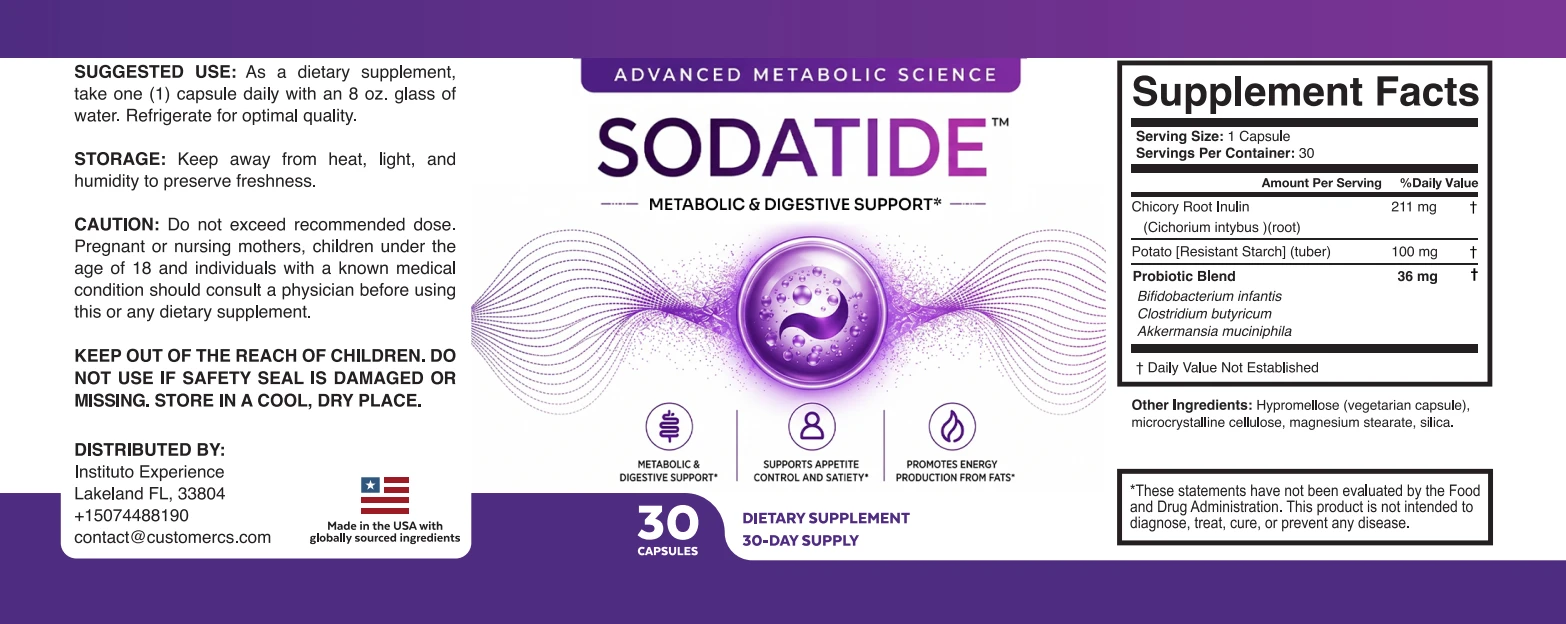 SodaTide Supplement Facts label showing inulin 211 mg, resistant starch 100 mg, and a 36 mg probiotic blend