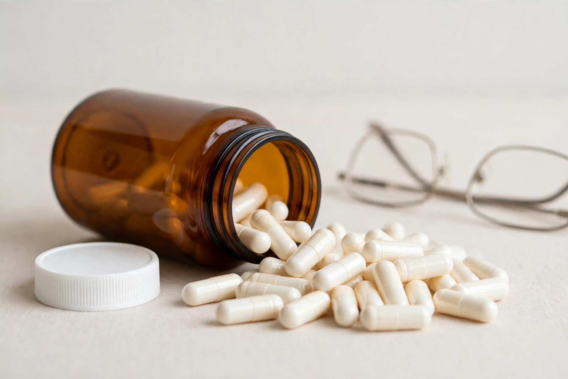 Plain unbranded supplement bottle with white capsules beside it, illustrative photo