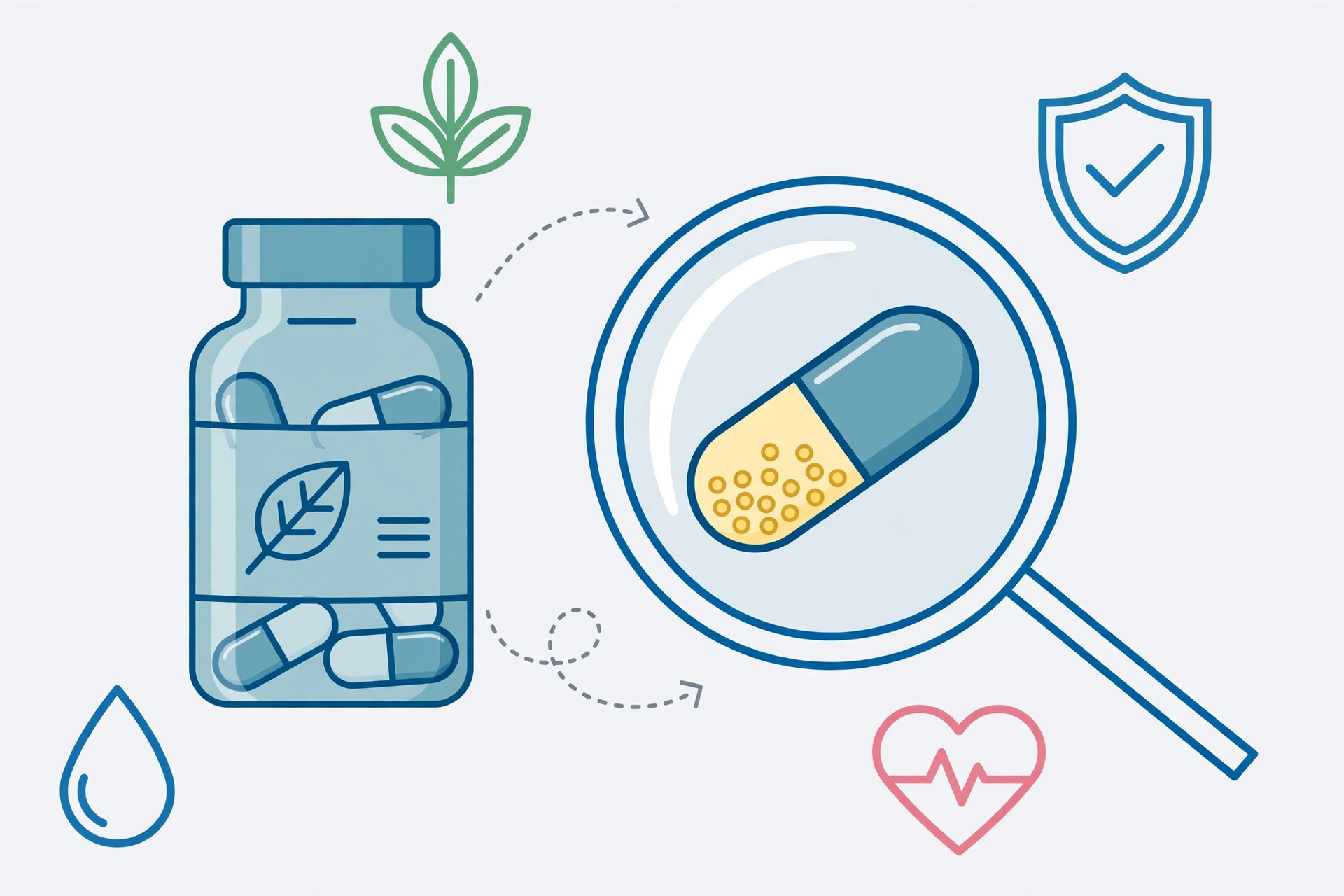 Illustration of a supplement bottle examined with a magnifying glass, showing a hidden capsule inside