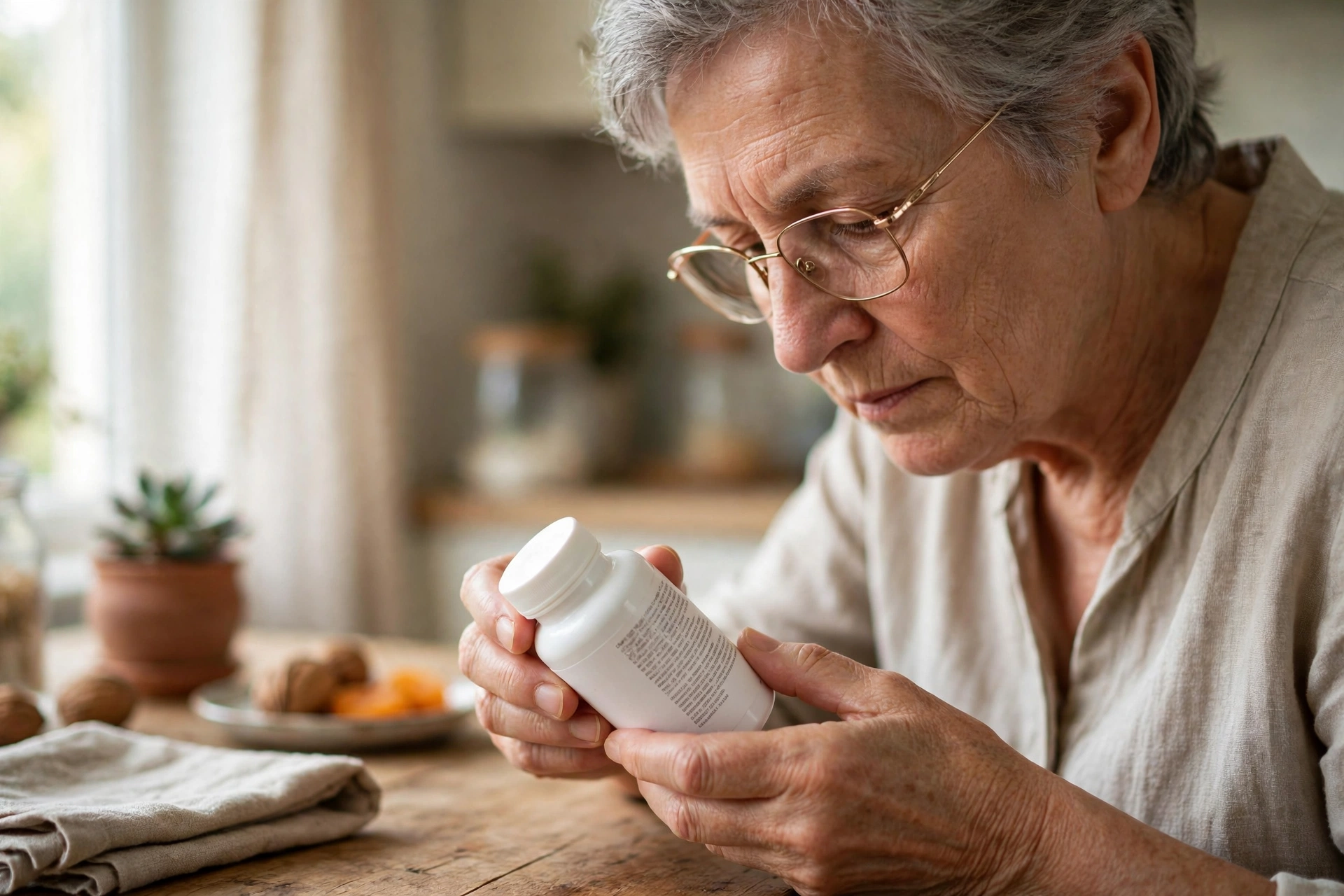 Older adult reading the small print on a supplement bottle label at a kitchen table