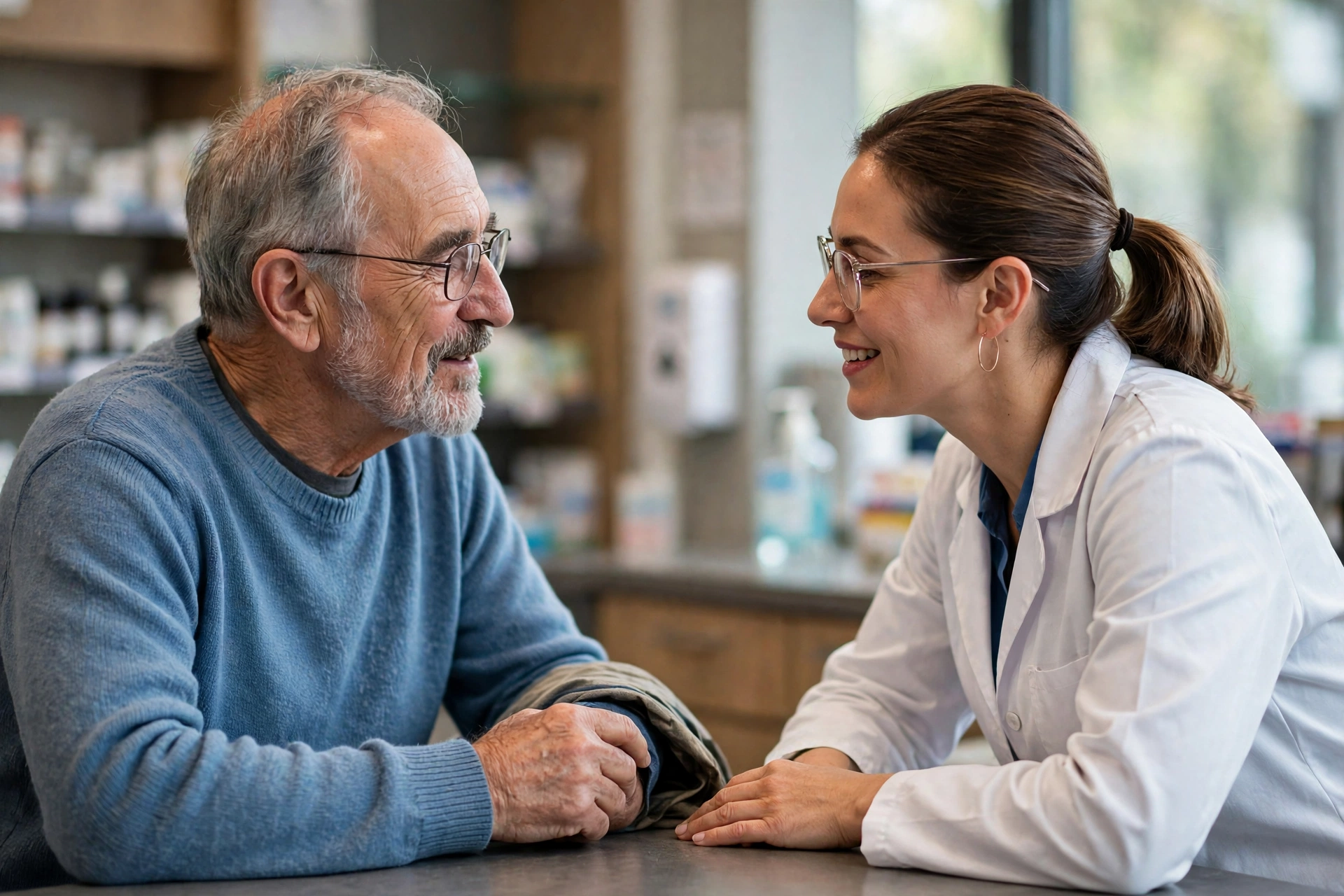 Pharmacist talking with an older adult patient across a pharmacy counter