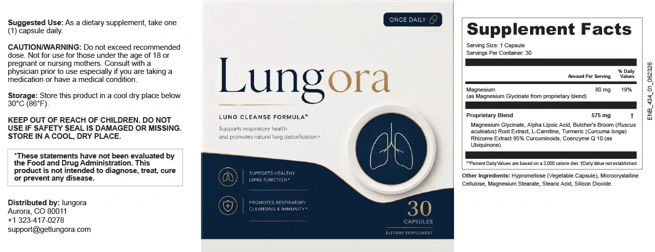 Lungora Supplement Facts panel showing 80 mg magnesium and a 575 mg proprietary blend