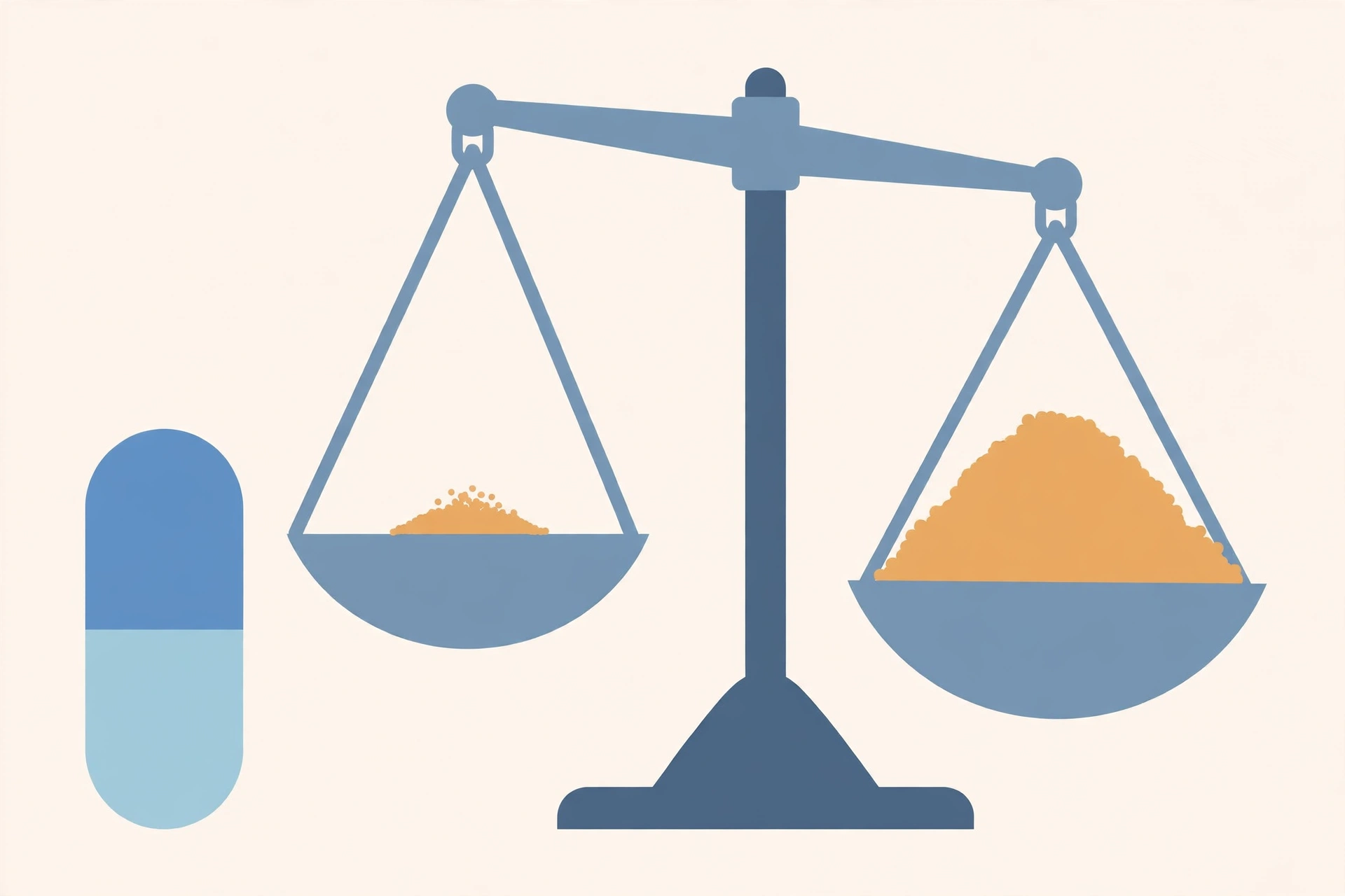 Balance scale illustration showing a small capsule amount against a much larger studied dose amount