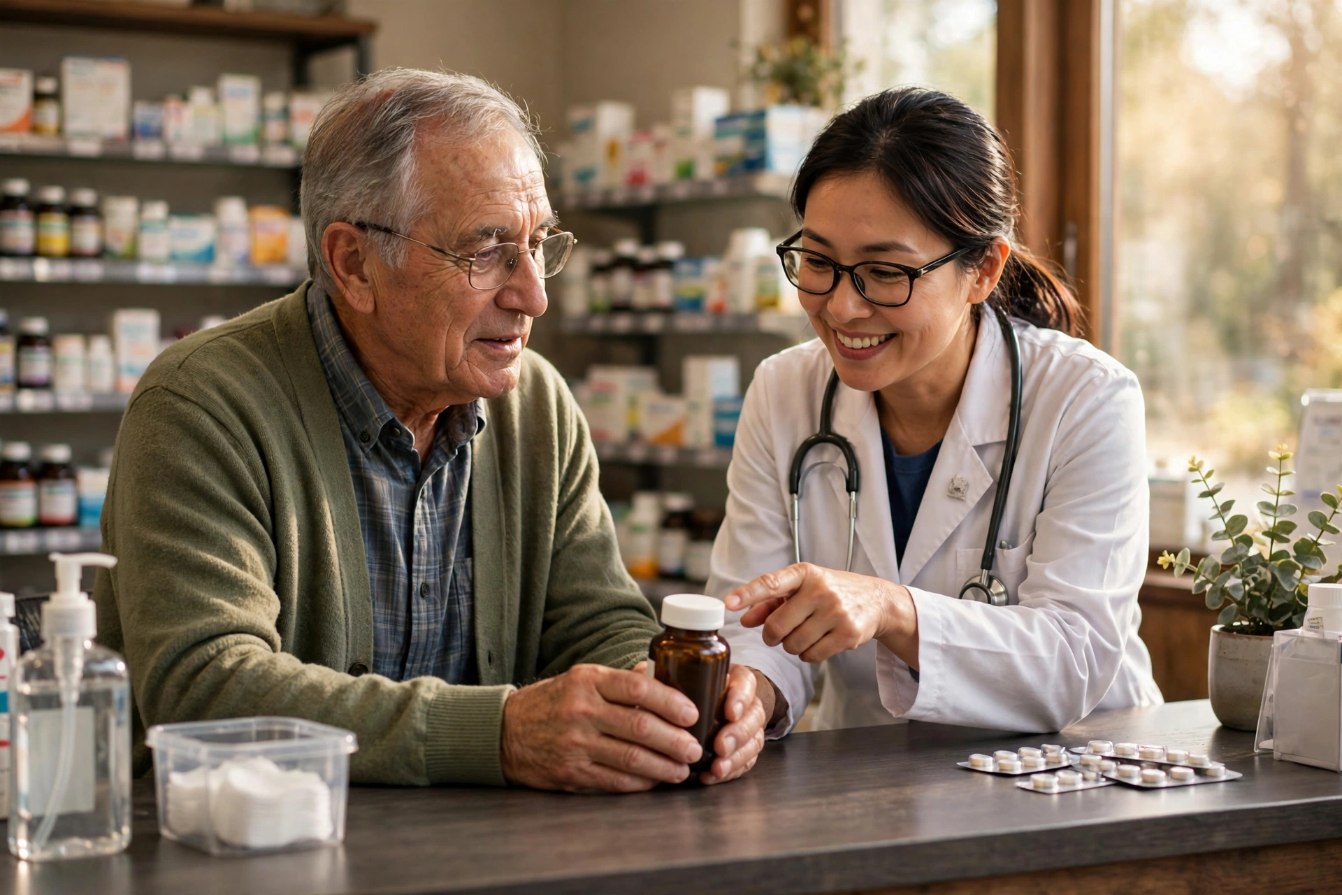 Older adult reviewing a supplement bottle with a pharmacist at a pharmacy counter